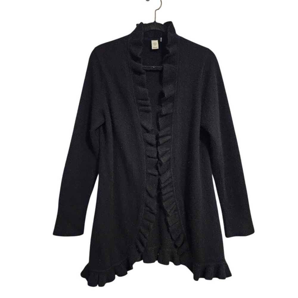 KINROSS cashmere ruffle open cardigan‎ black luxury knit sweater L